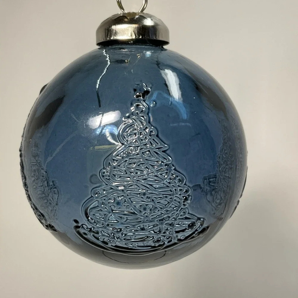 Vintage Heavy blue glass Christmas ball ornament‎ with raised tree design 3 in